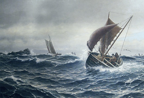 Oljemaleriet «Fiskere ved Kvitsøy» av kunstneren Haakon Jensen Kaulum. Brukt presentasjonssammenheng