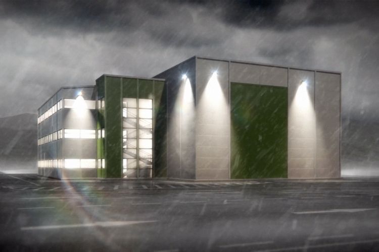 Skjermbilde fra 3d-filmen Frontahallen. Bygget er ferdig og det begynner å regne